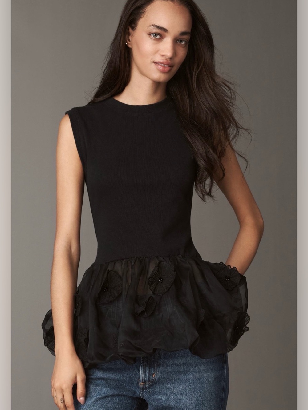 By Anthropologie Black Floral Peplum Top Size Medium NWT - C61-090